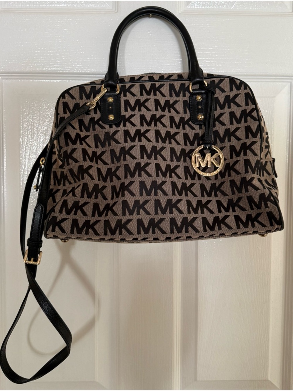 Michael Kors Brown and Black MK Logo Satchel with Gold Accent - Picture 2 of 9